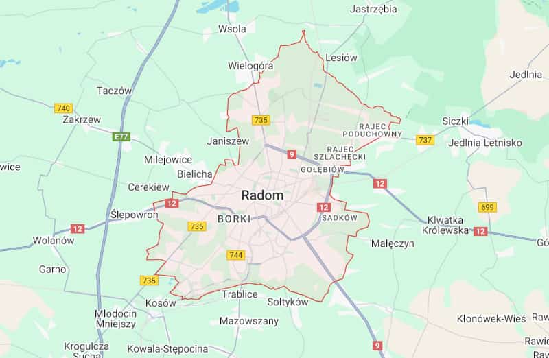 zaznaczony obszar miasta radom zrzut ekranu google maps